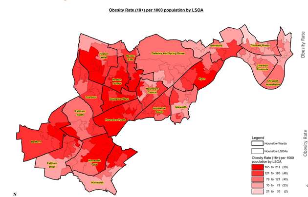 Map showing obesity rates among adults in Hounslow 