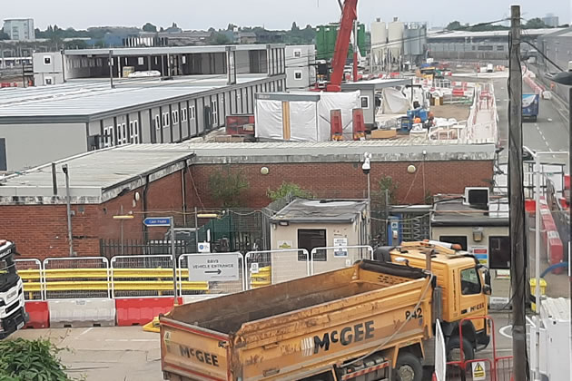 View of Old Oak Common station building site on HS2 site from Wells House Road