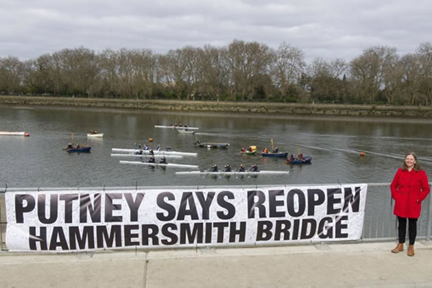 Putney MP Fleur Anderson with banner in support of reopening Hammersmith Bridge 
