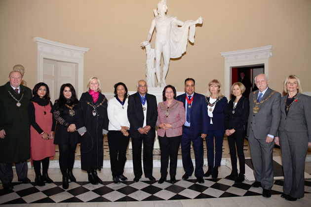 Councillor Ajmer Grewal, Mayor of Hounslow, with her guests at Syon House, Brentford