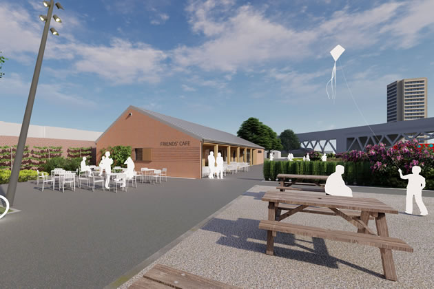 	Artists impression of Boston Manor Parks refurbished caf, with new education space and outdoor seating area. Credit: Kaner Olette 