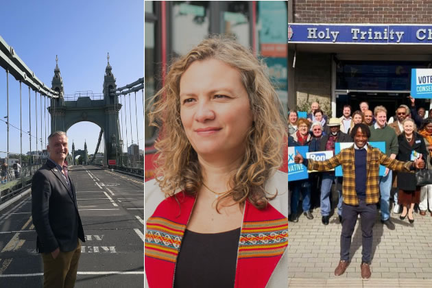 Left - Cllr Gareth Roberts (Lib Dem), centre - Marcela Benedetti (Labour, right - Cllr Ron Mushiso (Conservative)