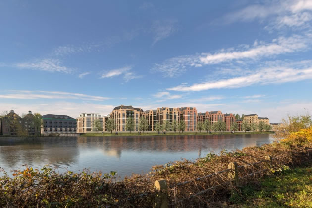 the revised scheme for the former Stag Brewery viewed from across the river in Chiswick.