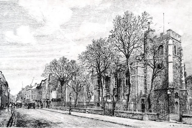 St Lawrences Church and Brentford High Street, May 1880, etching by Auguste Ballin (1842-1909). Picture: Chiswick Local Studies Collection